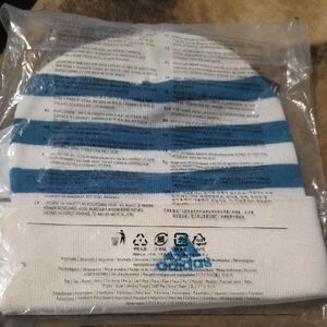 adidas White and Blue Stripe Knit Beanie